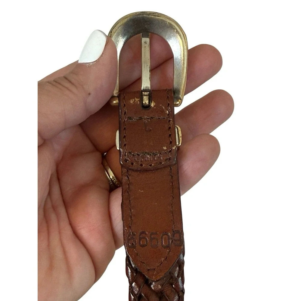 Womens Brown Braided Leather Belt Silver Tone Floral Engraved Buckle Size Large